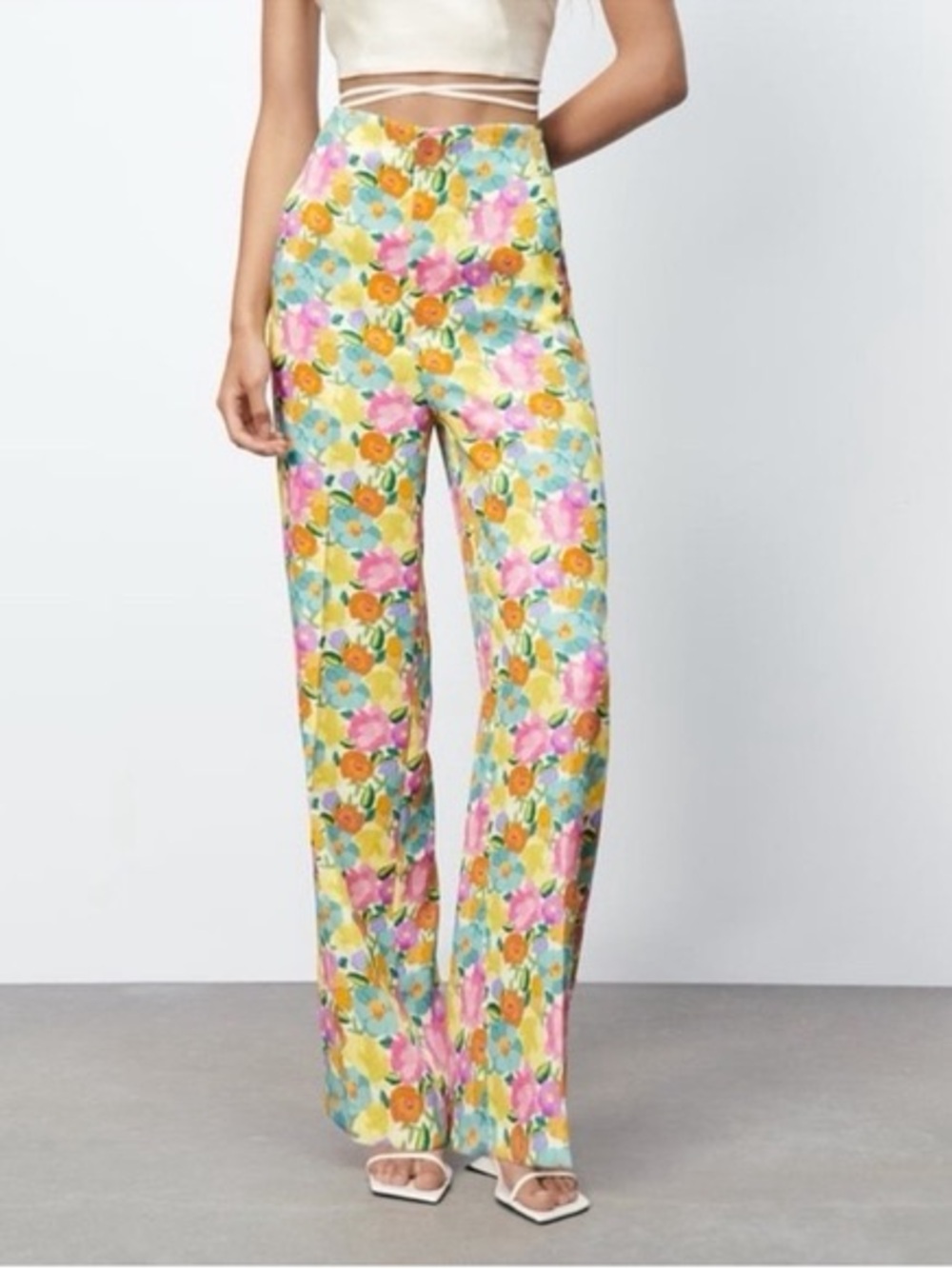 Zara Yellow Floral Wide-Leg Trousers with Pink & Green Accents